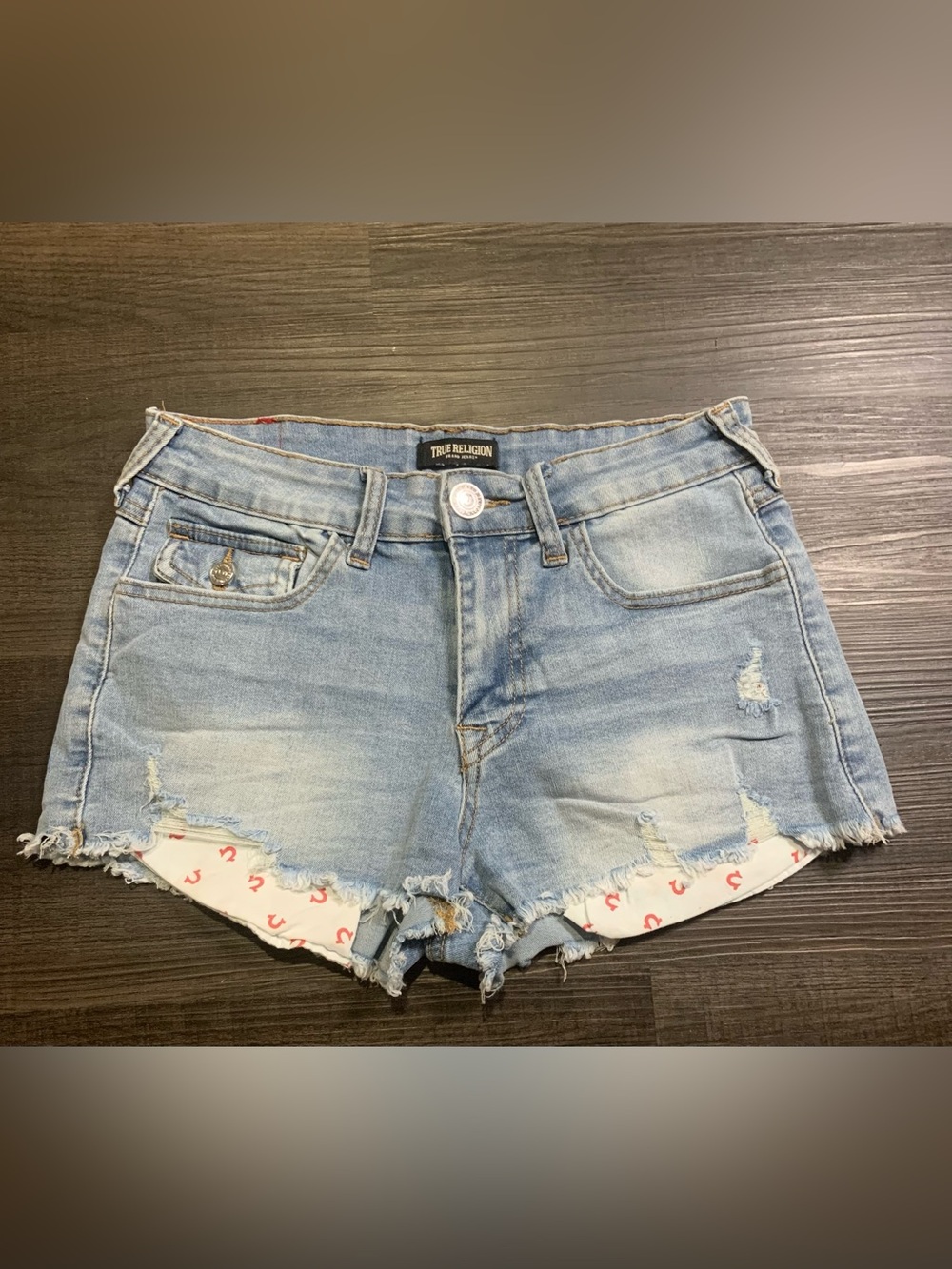 True Religion Faded Light Blue Distressed Denim Cutoff Shorts